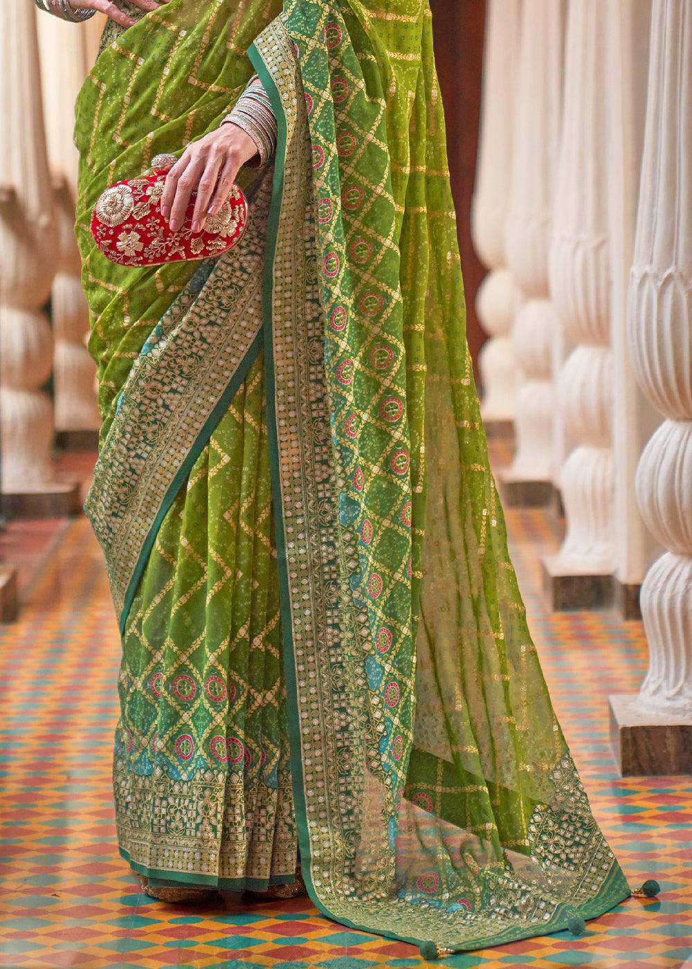 Olive Green Leheriya Printed Georgette Saree | Stitched Blouse - qivii