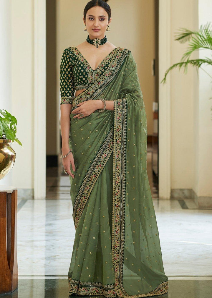 Olive Green Organza Saree with Dori, Sequins & Zari work-(Pre-Order) | Stitched Blouse - qivii