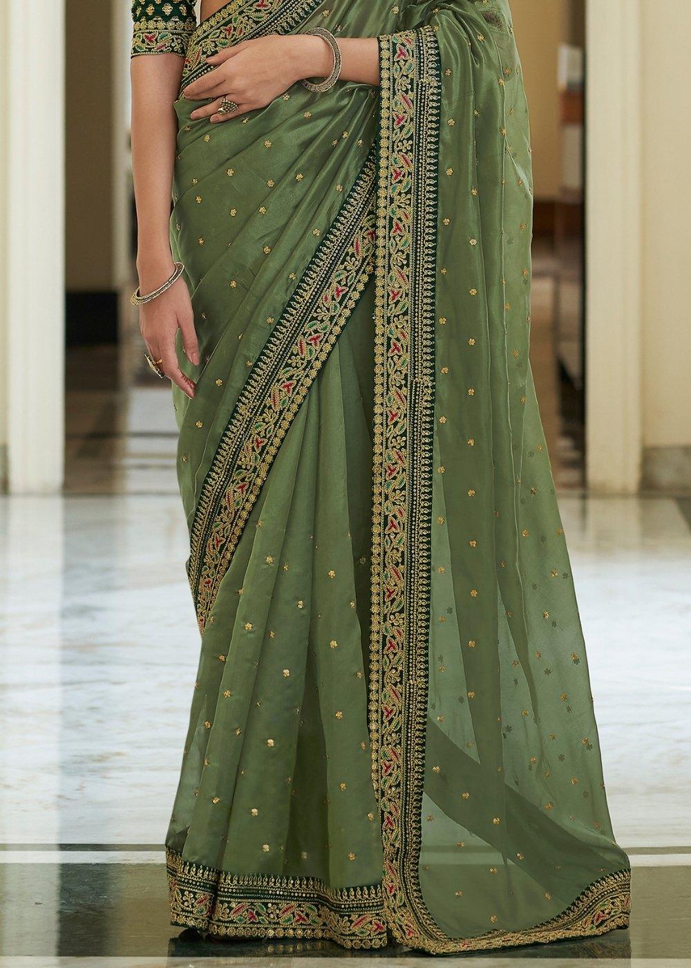 Olive Green Organza Saree with Dori, Sequins & Zari work-(Pre-Order) | Stitched Blouse - qivii