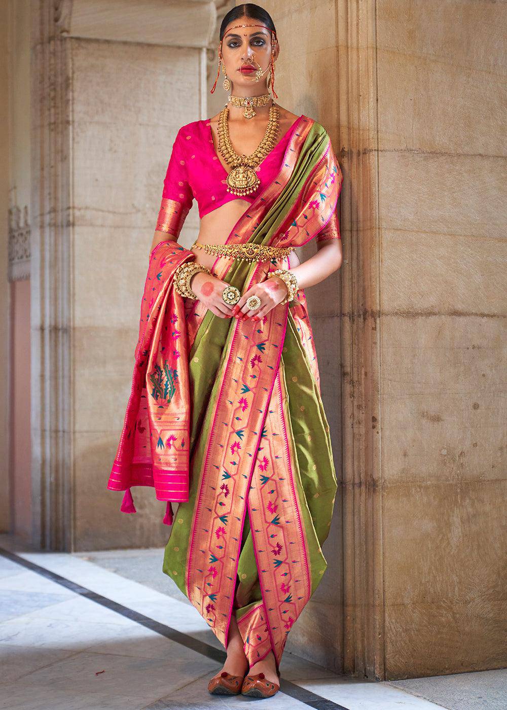 Olive Green Paithani Silk Saree | Stitched Blouse - qivii