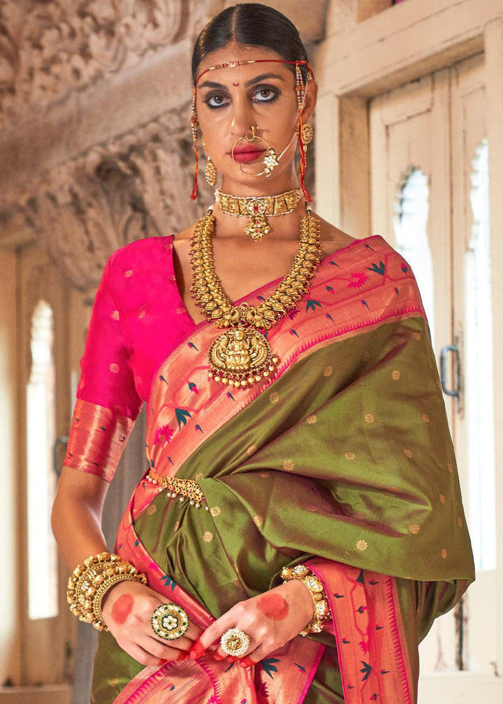 Olive Green Paithani Silk Saree | Stitched Blouse - qivii