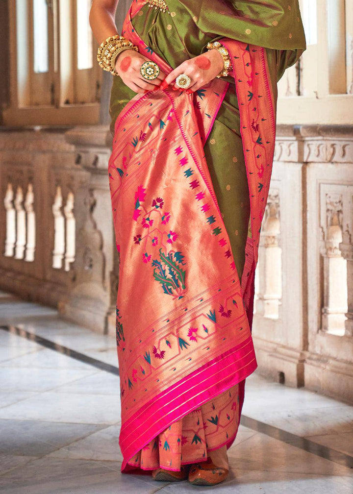 Olive Green Paithani Silk Saree | Stitched Blouse - qivii