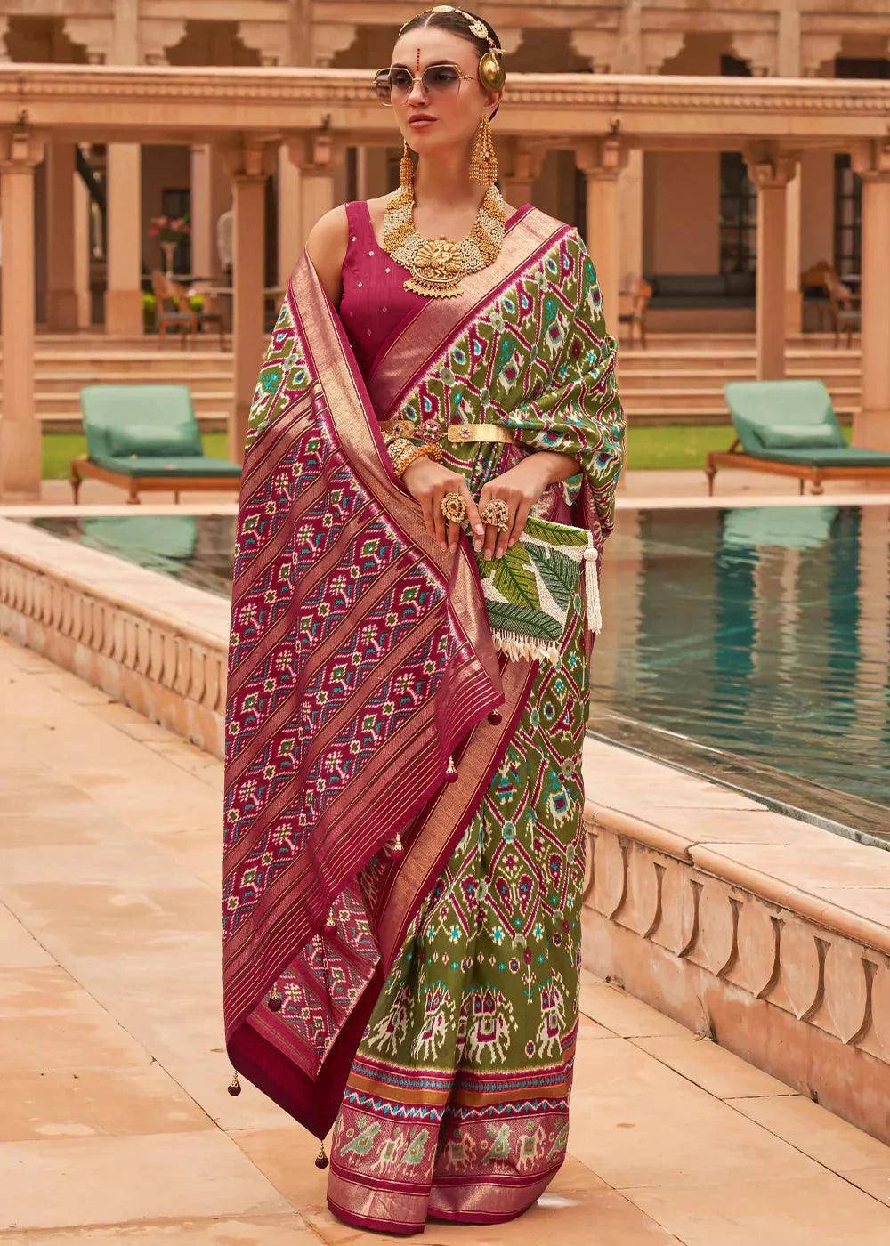 Olive Green Patola Printed Smooth Silk Saree | Stitched Blouse - qivii