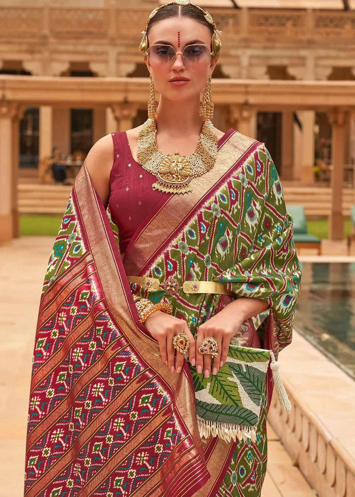 Olive Green Patola Printed Smooth Silk Saree | Stitched Blouse - qivii