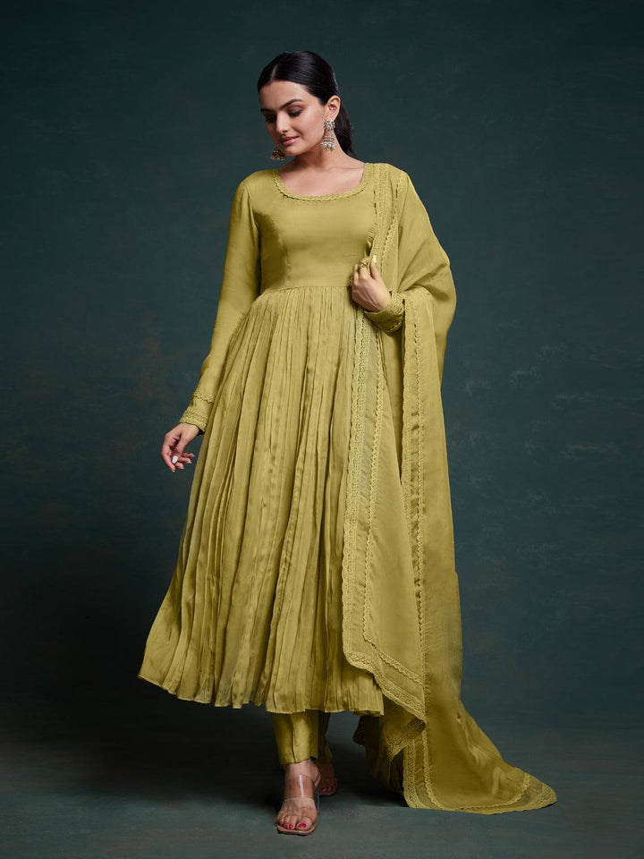 Olive green salwar kameez with dupatta set by Qivii