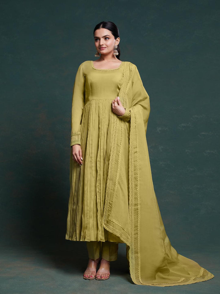 Olive green salwar kameez with dupatta set by Qivii