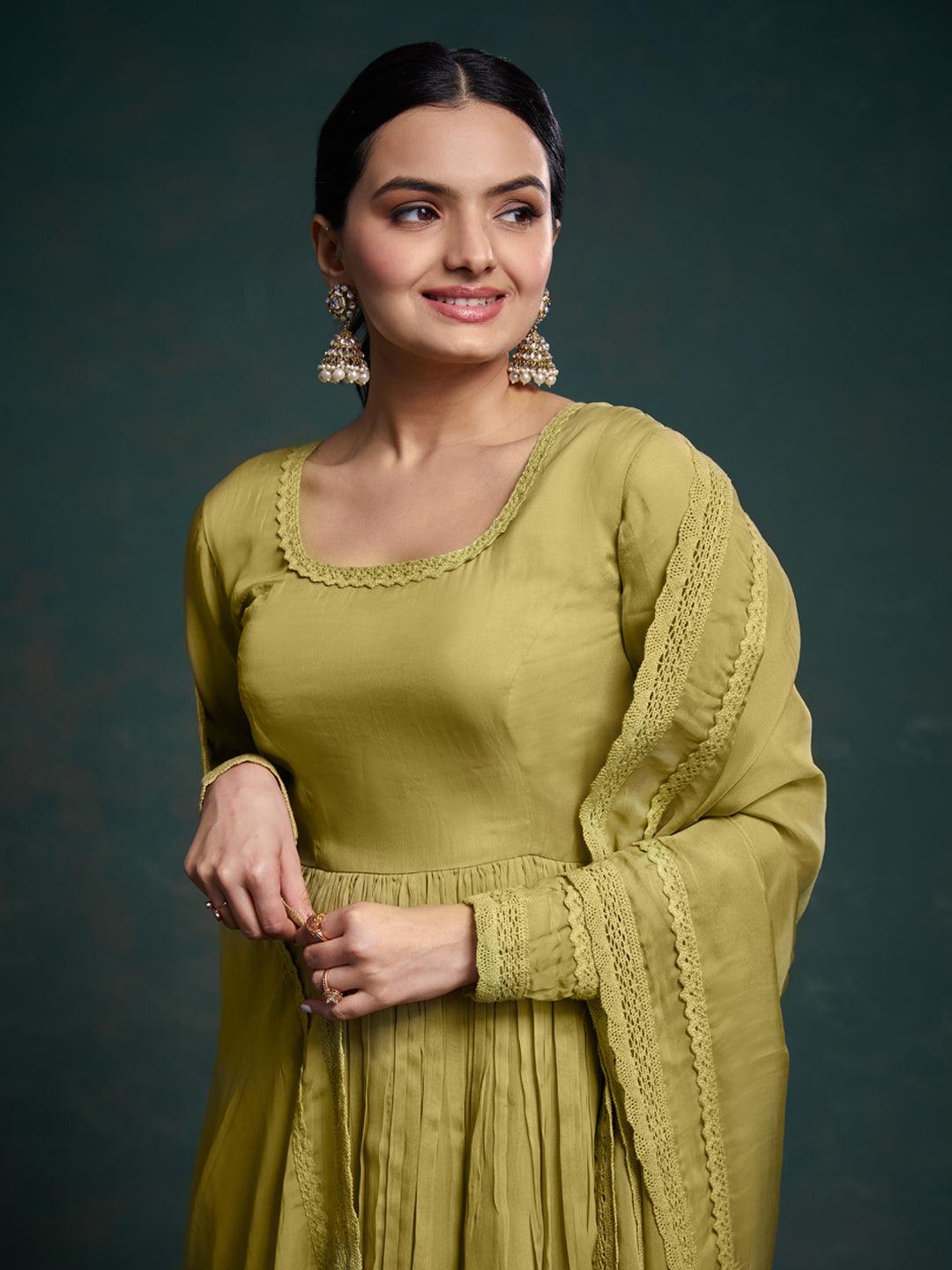 Olive green salwar kameez with dupatta set by Qivii