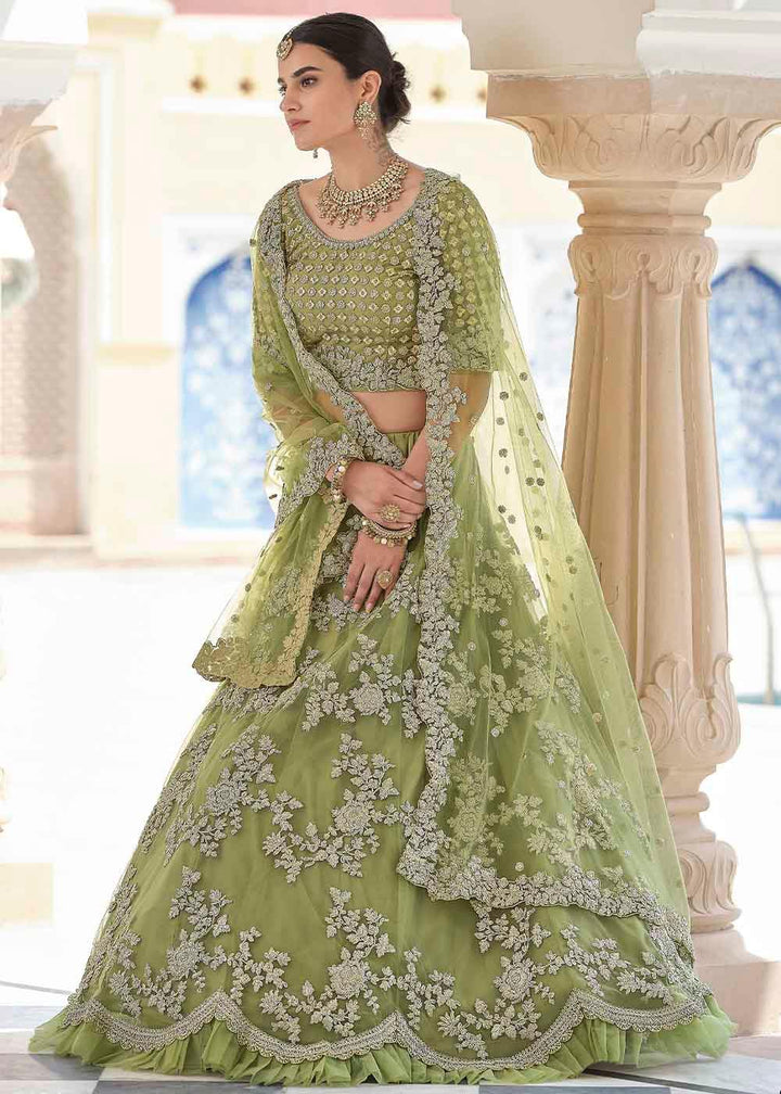 Olive Green Soft Net Lehenga Choli with Dori & Sequins work - qivii