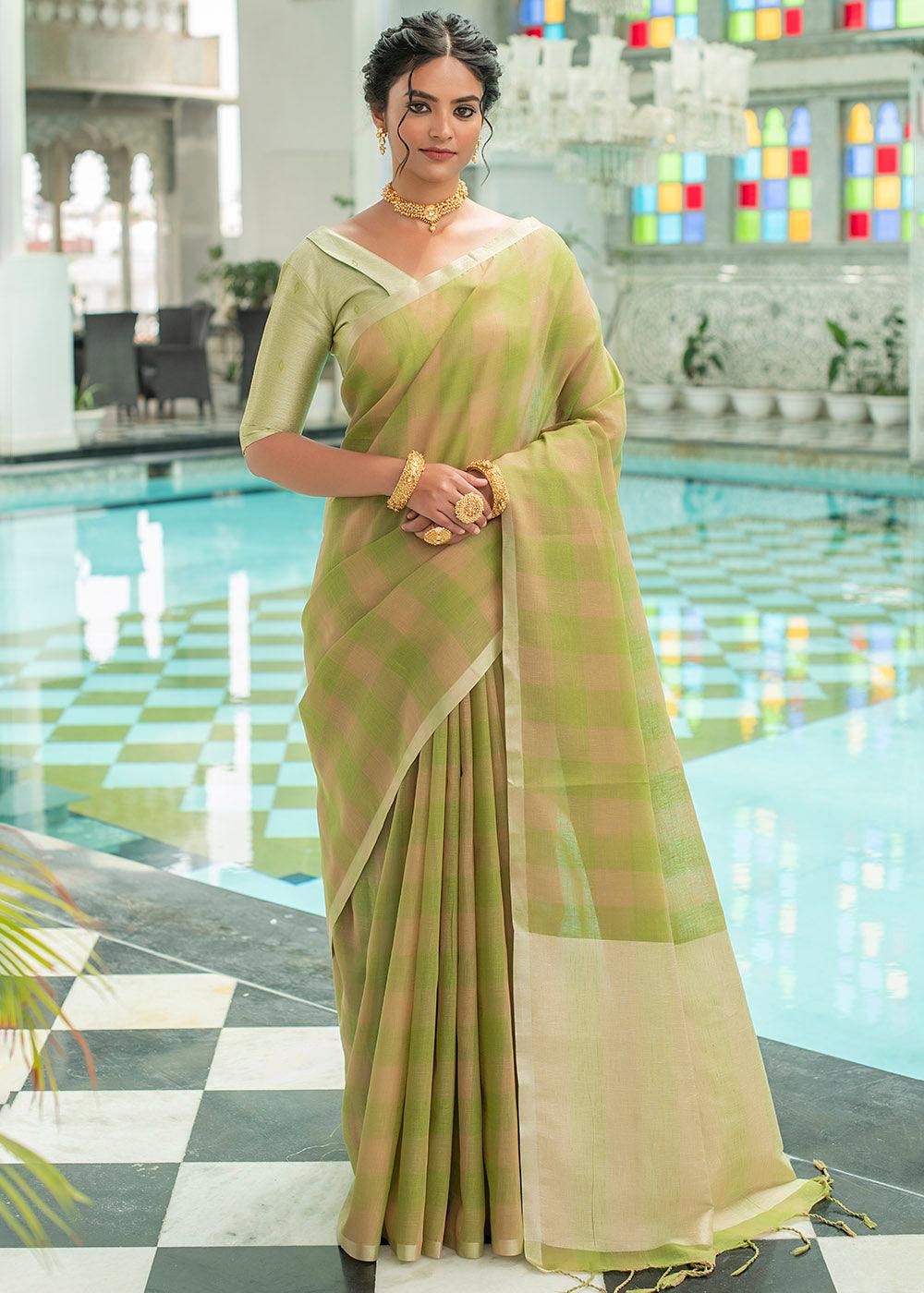 Olive Green Woven Checks Linen Saree | Stitched Blouse - qivii