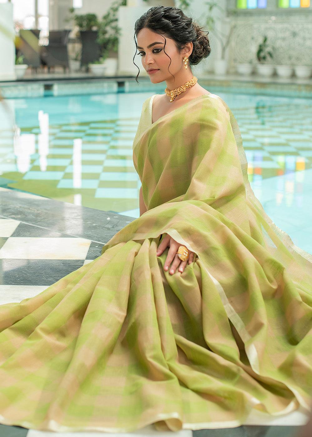 Olive Green Woven Checks Linen Saree | Stitched Blouse - qivii