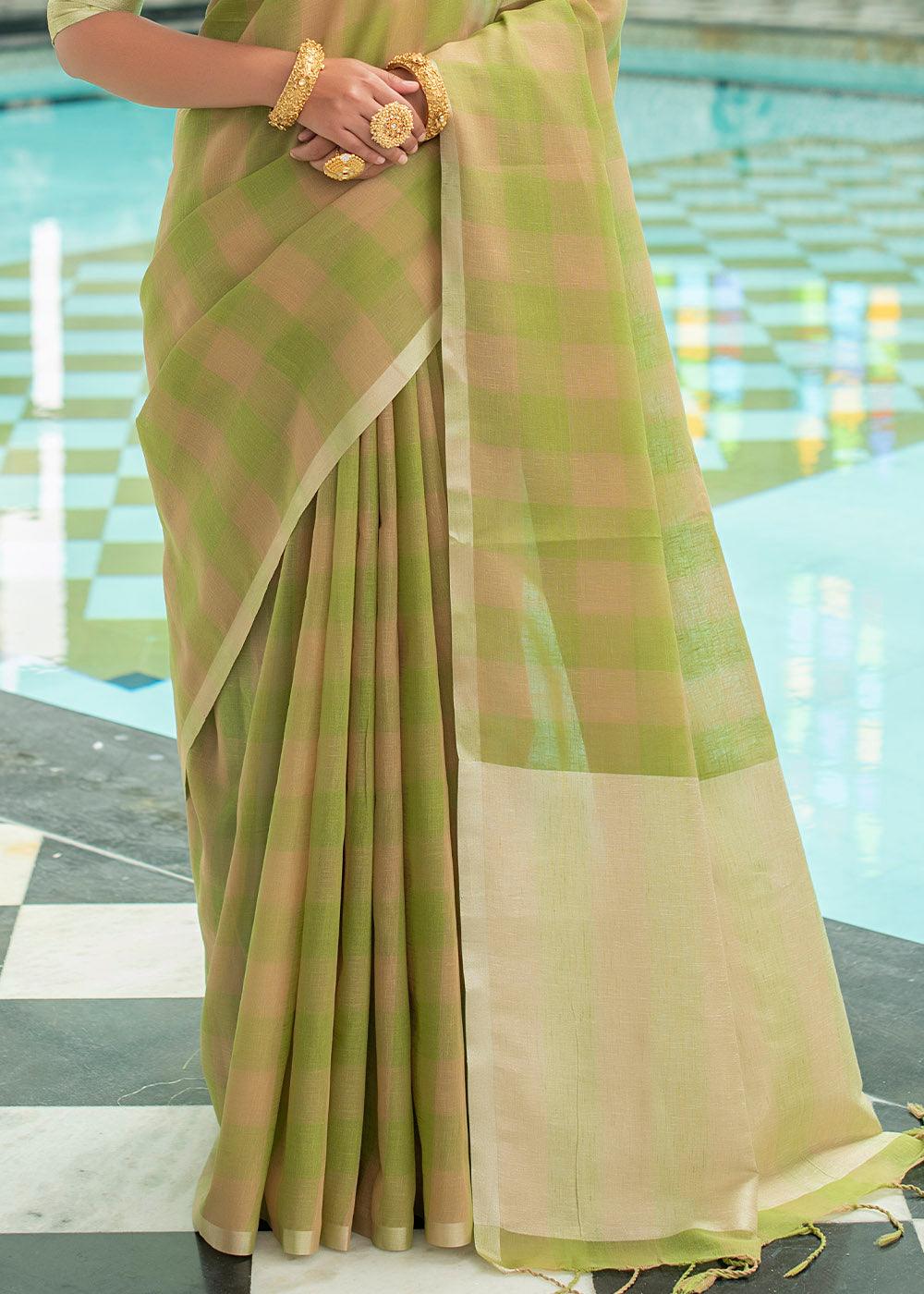 Olive Green Woven Checks Linen Saree | Stitched Blouse - qivii