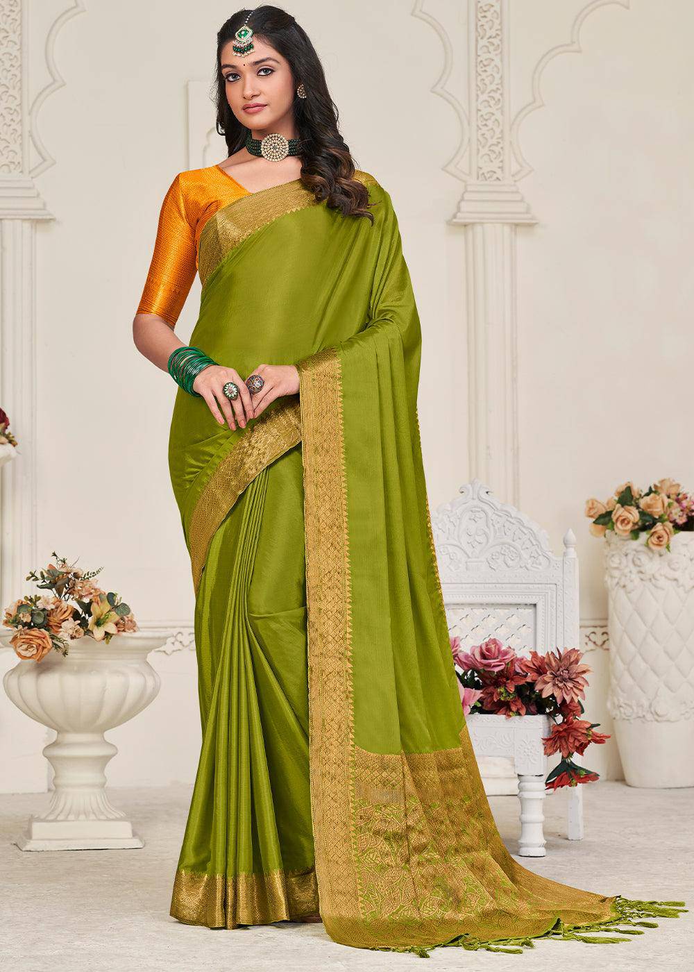 Olive Green Woven Chinon Silk Saree | Stitched Blouse - qivii