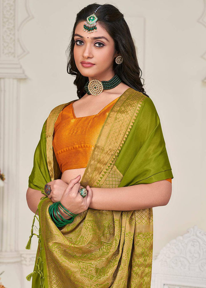 Olive Green Woven Chinon Silk Saree | Stitched Blouse - qivii