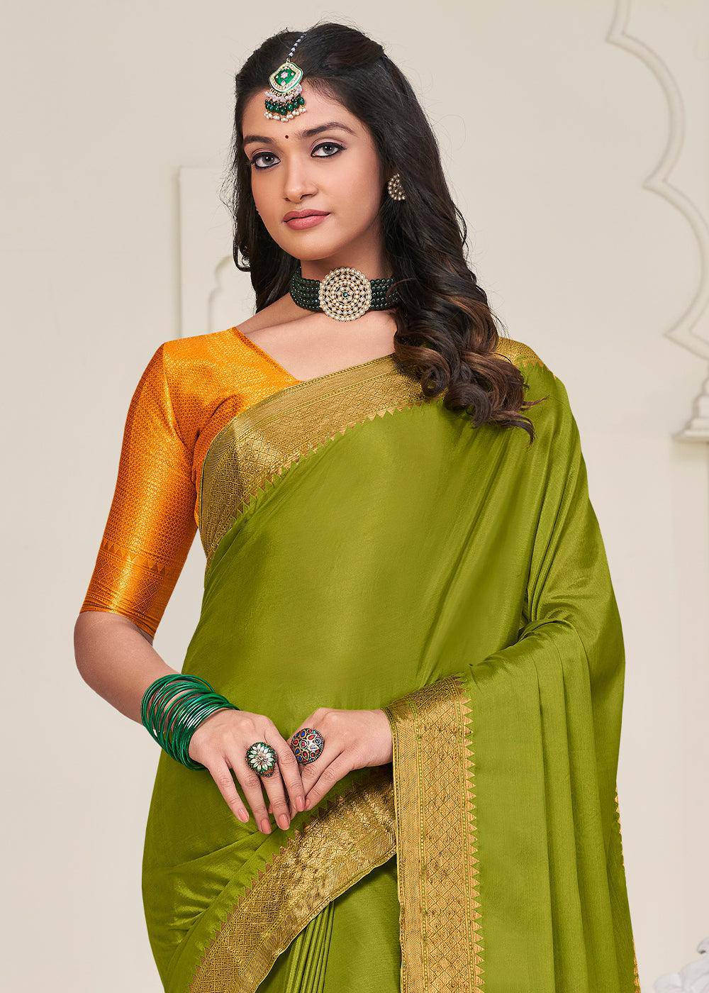 Olive Green Woven Chinon Silk Saree | Stitched Blouse - qivii