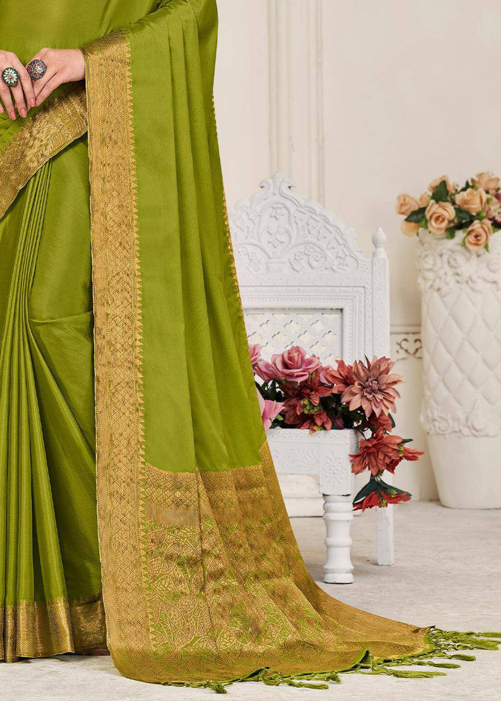 Olive Green Woven Chinon Silk Saree | Stitched Blouse - qivii