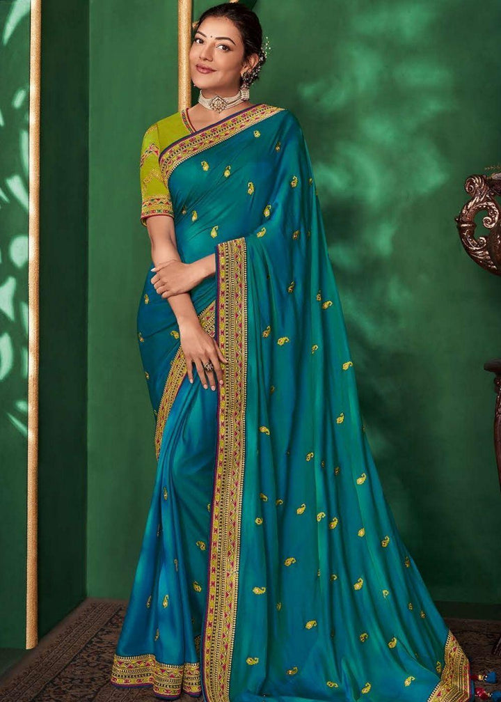 Olympic Blue Designer Silk Saree with Contrast Embroidered Blouse | Stitched Blouse - qivii