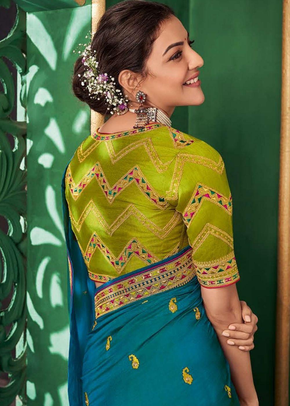 Olympic Blue Designer Silk Saree with Contrast Embroidered Blouse | Stitched Blouse - qivii