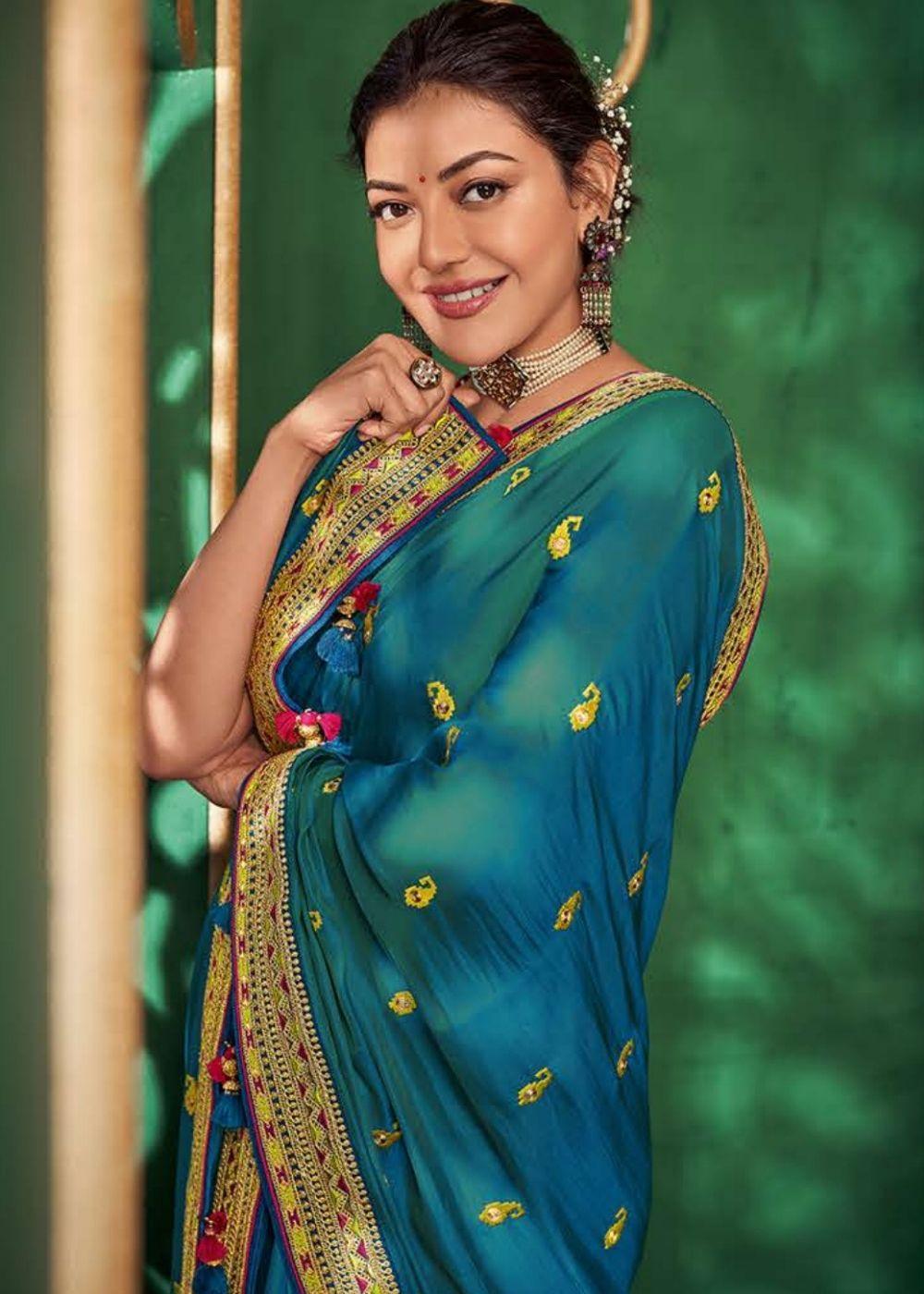 Olympic Blue Designer Silk Saree with Contrast Embroidered Blouse | Stitched Blouse - qivii