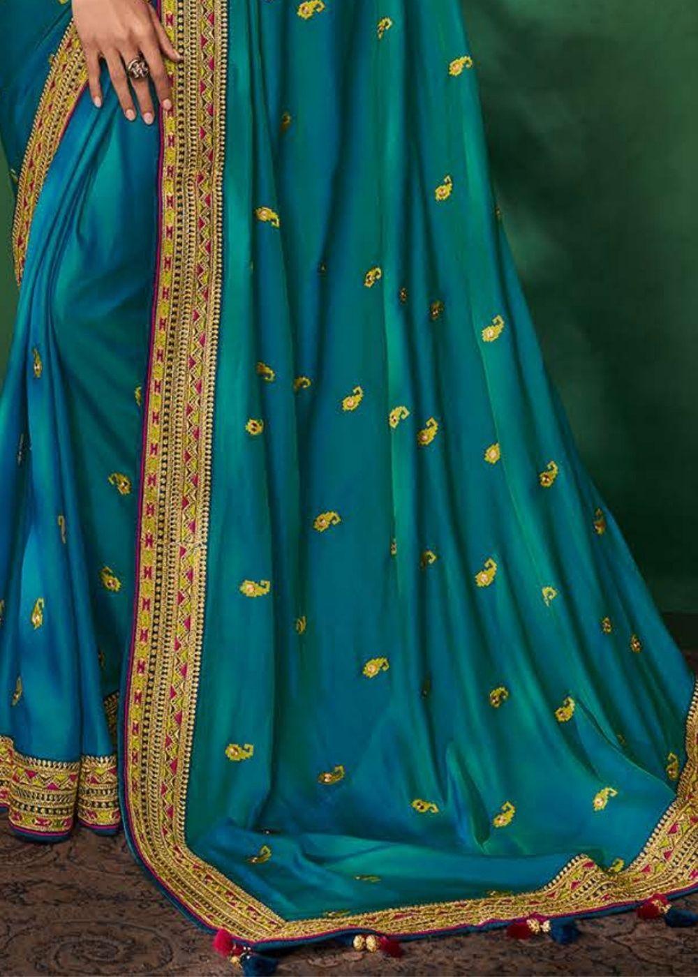 Olympic Blue Designer Silk Saree with Contrast Embroidered Blouse | Stitched Blouse - qivii