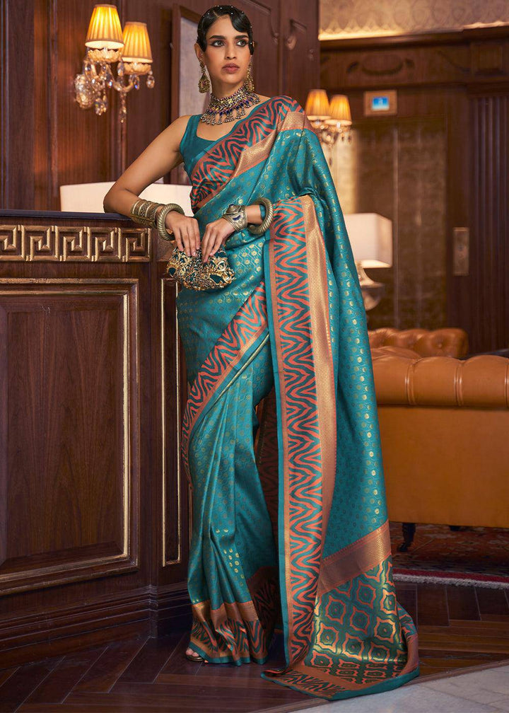 Olympic Blue Handloom Woven Banarasi Silk Saree | Stitched Blouse - qivii