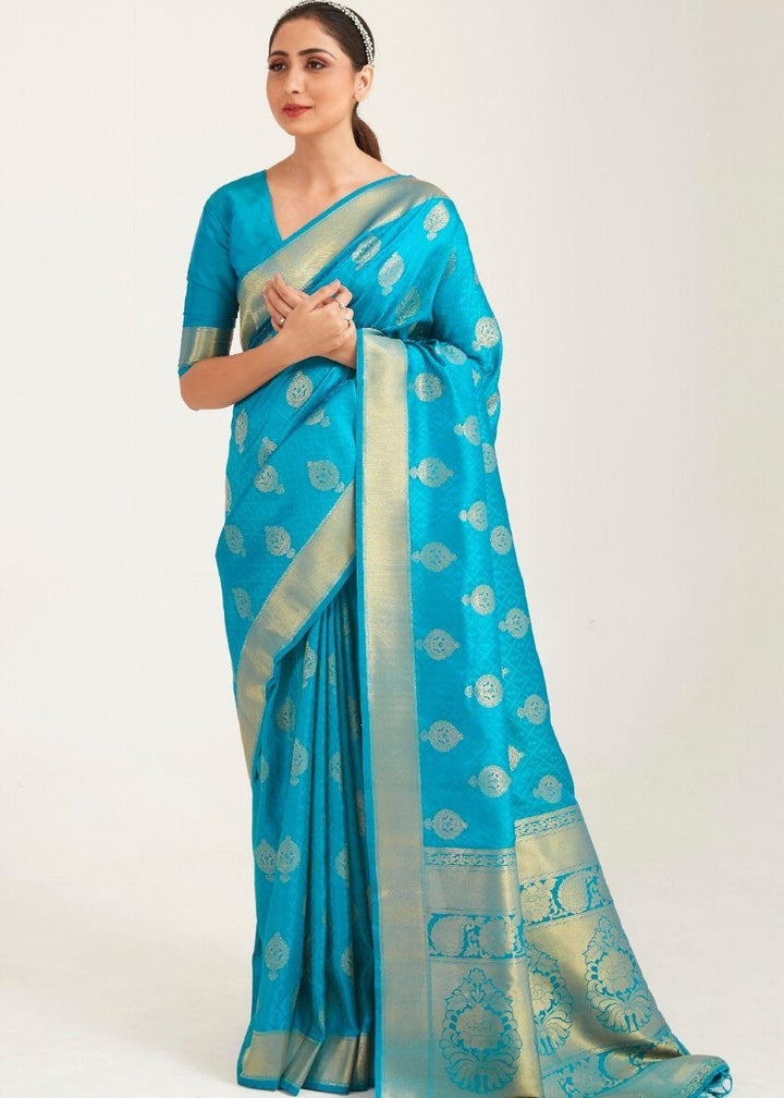 Olympic Blue Zari Butta Woven Banasari Silk Saree | Stitched Blouse - qivii