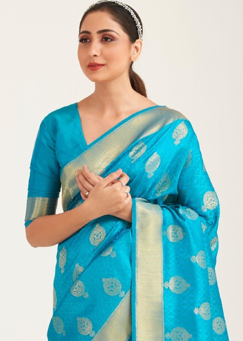 Olympic Blue Zari Butta Woven Banasari Silk Saree | Stitched Blouse - qivii