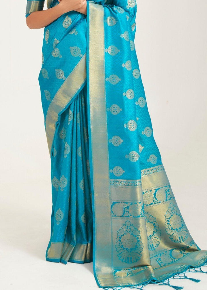 Olympic Blue Zari Butta Woven Banasari Silk Saree | Stitched Blouse - qivii