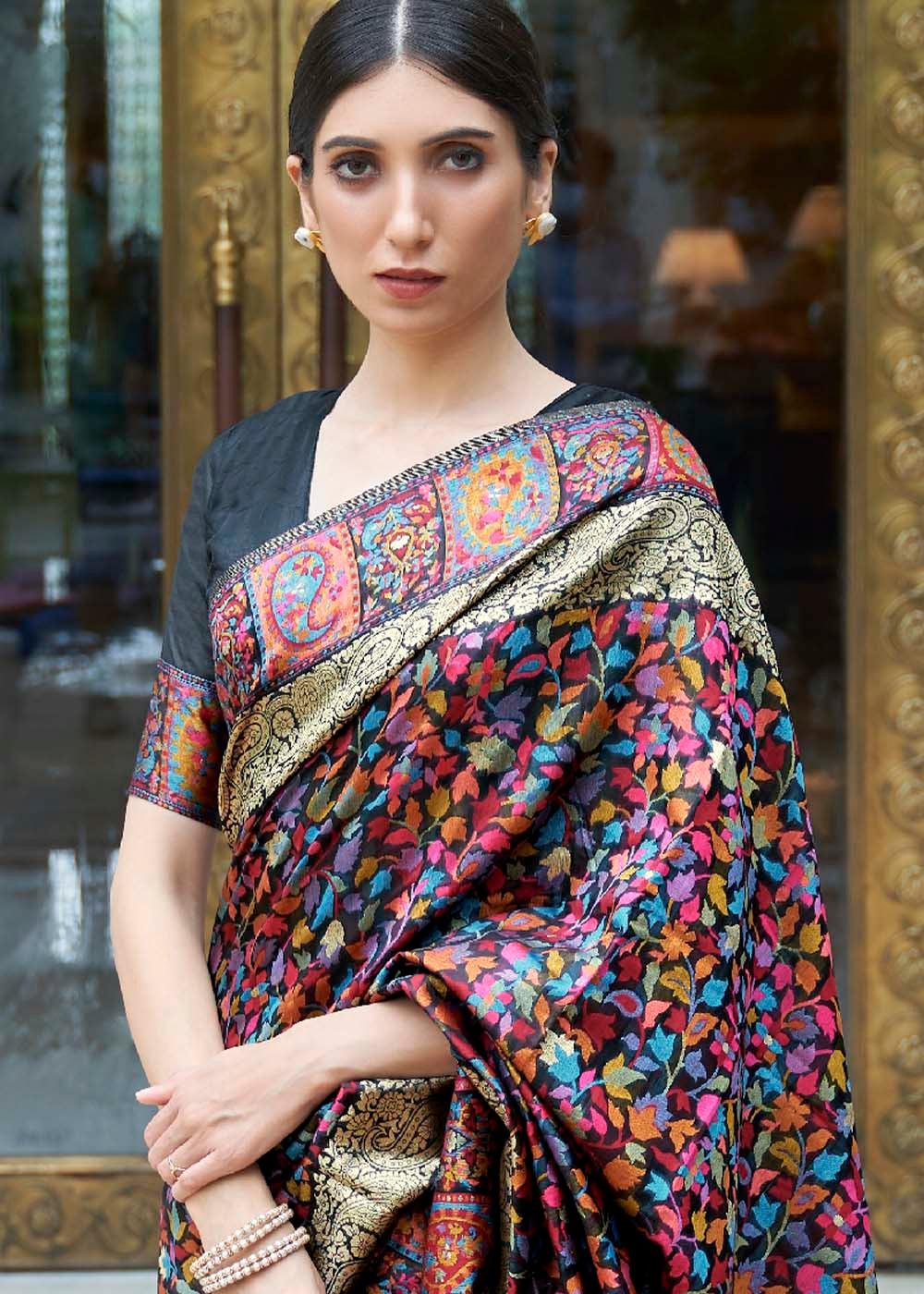 Onyx Black Banarasi Jamawar Woven Silk Saree | Stitched Blouse - qivii