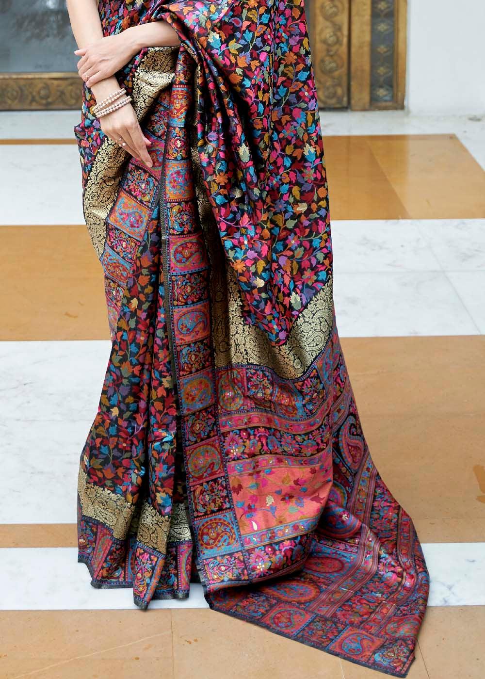 Onyx Black Banarasi Jamawar Woven Silk Saree | Stitched Blouse - qivii