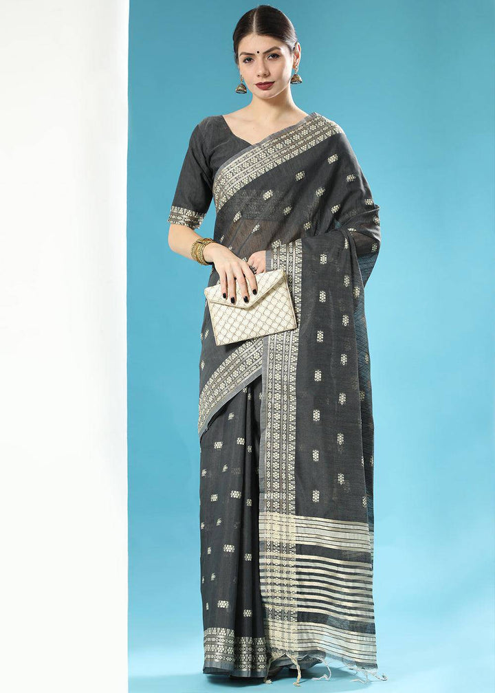 Onyx Black Chikankari Weaving Cotton Saree | Stitched Blouse - qivii