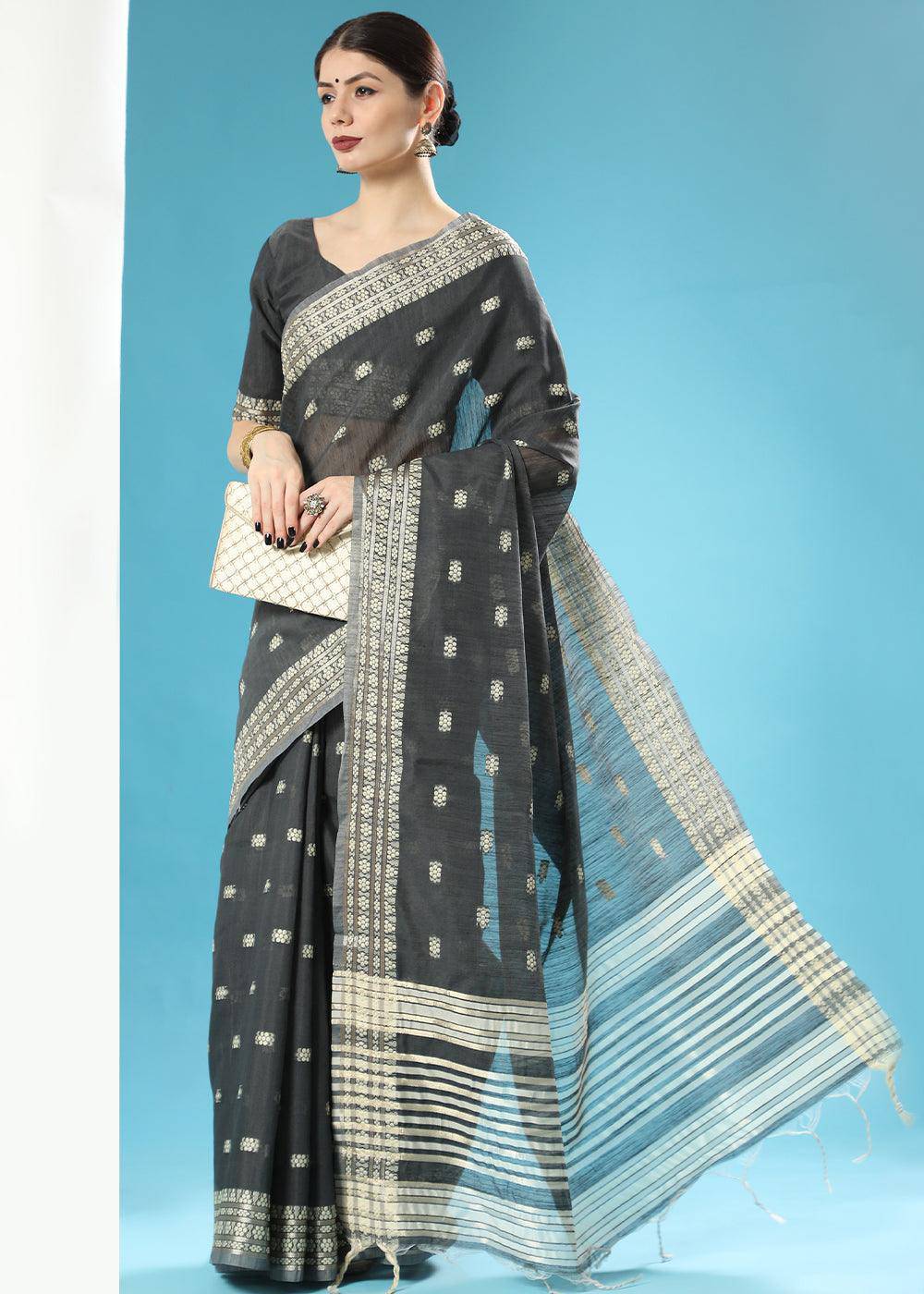 Onyx Black Chikankari Weaving Cotton Saree | Stitched Blouse - qivii