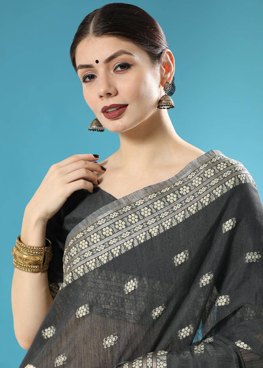 Onyx Black Chikankari Weaving Cotton Saree | Stitched Blouse - qivii