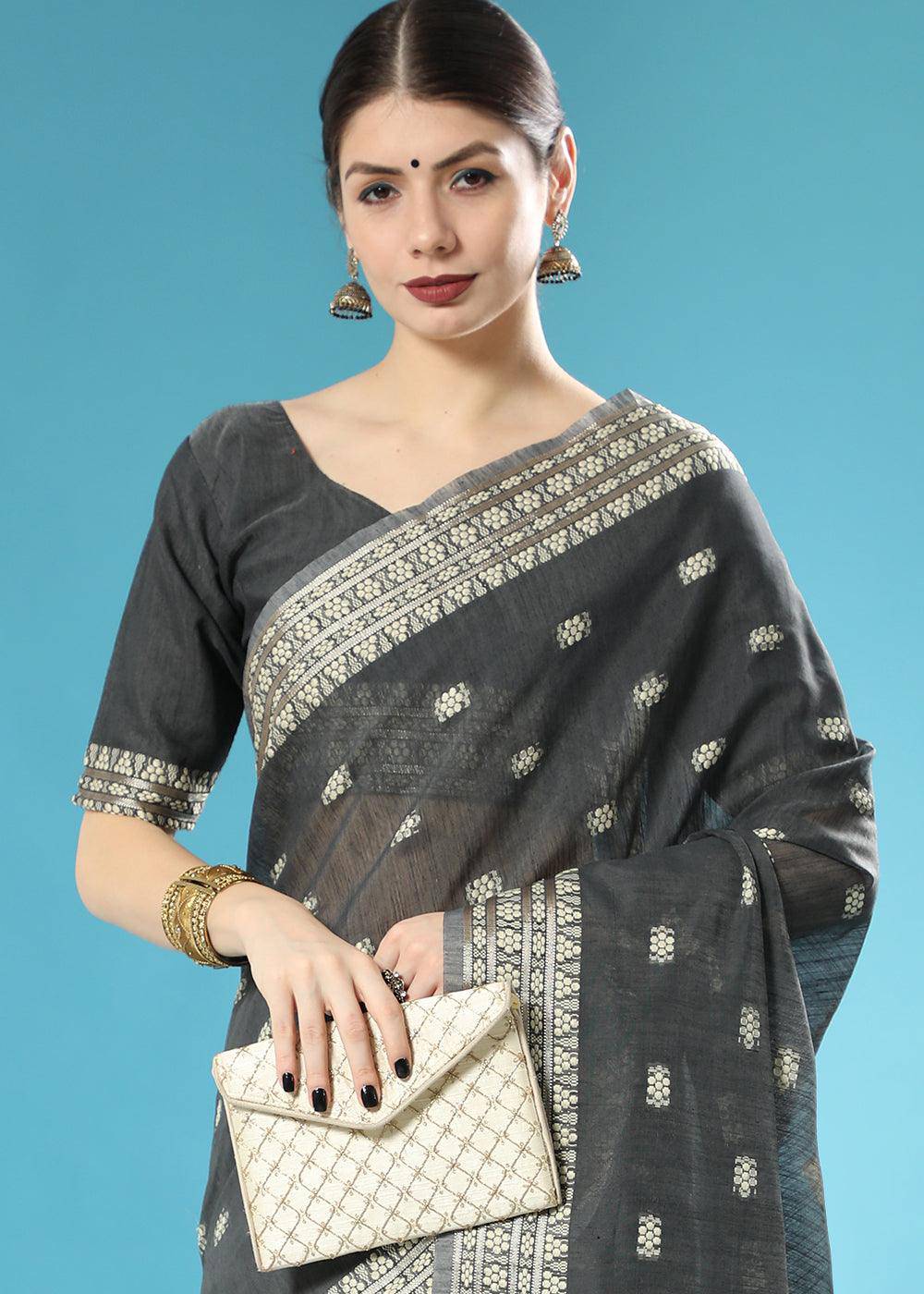 Onyx Black Chikankari Weaving Cotton Saree | Stitched Blouse - qivii