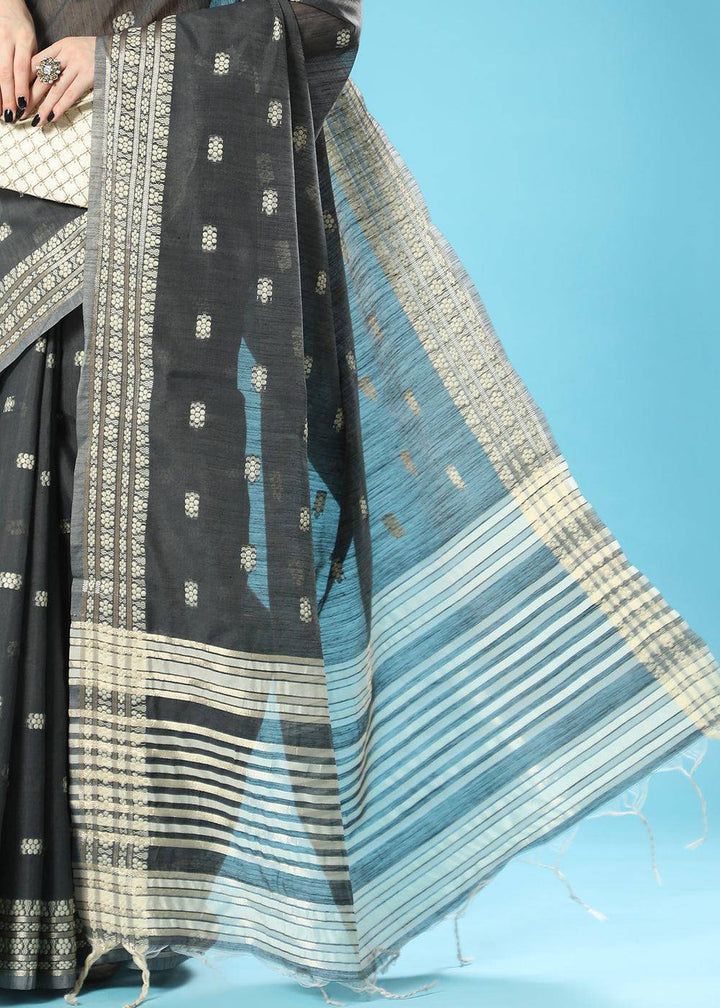 Onyx Black Chikankari Weaving Cotton Saree | Stitched Blouse - qivii