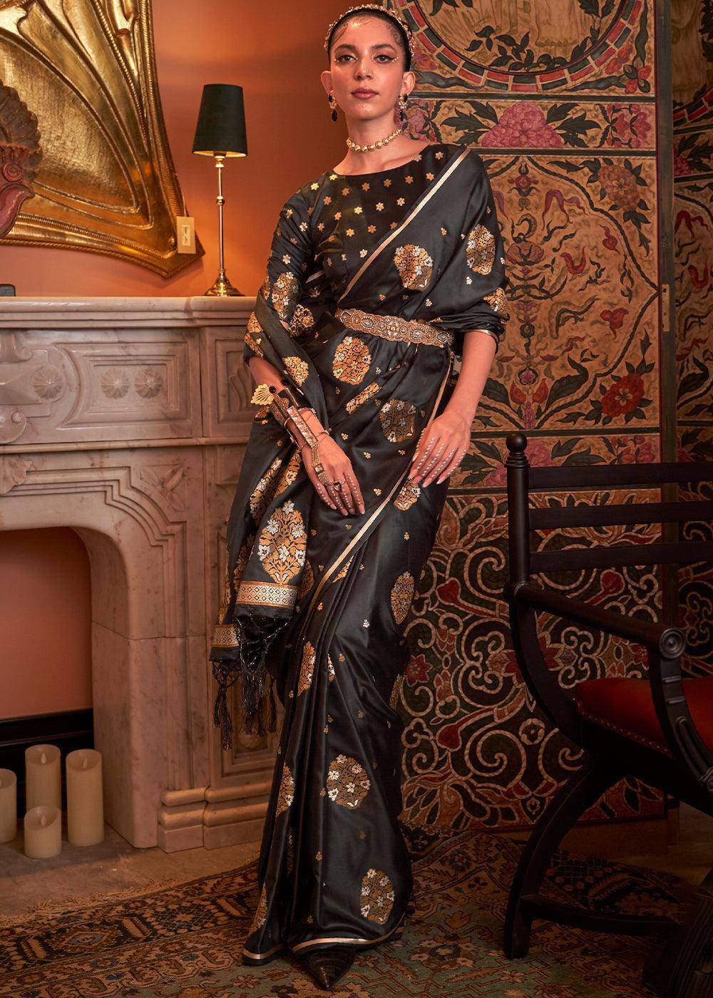 Onyx Black Copper Zari Woven Satin Silk Saree | Stitched Blouse - qivii