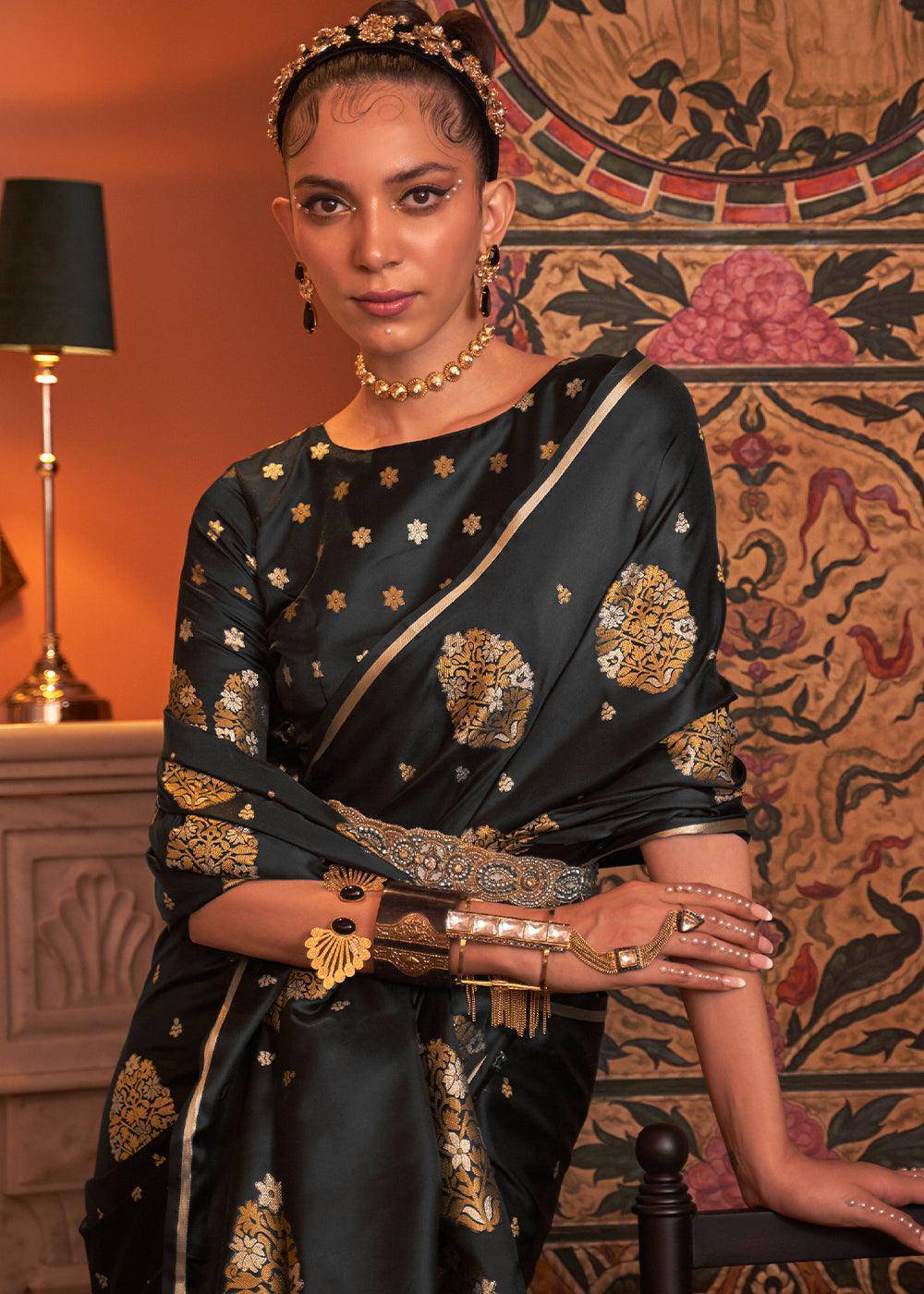 Onyx Black Copper Zari Woven Satin Silk Saree | Stitched Blouse - qivii