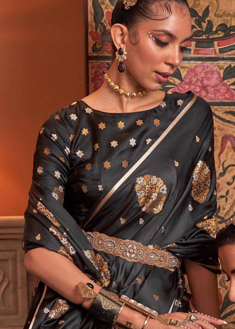 Onyx Black Copper Zari Woven Satin Silk Saree | Stitched Blouse - qivii