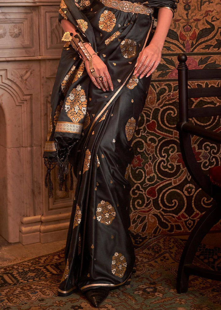 Onyx Black Copper Zari Woven Satin Silk Saree | Stitched Blouse - qivii