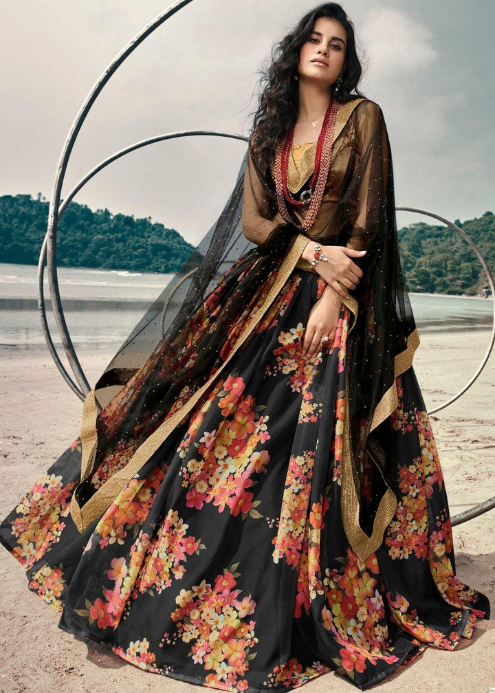 Onyx Black Designer Printed Organza Lehenga with Soft Net Dupatta - qivii