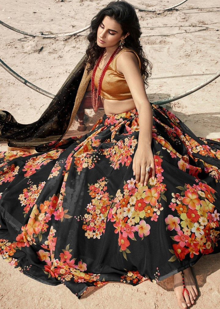 Onyx Black Designer Printed Organza Lehenga with Soft Net Dupatta - qivii