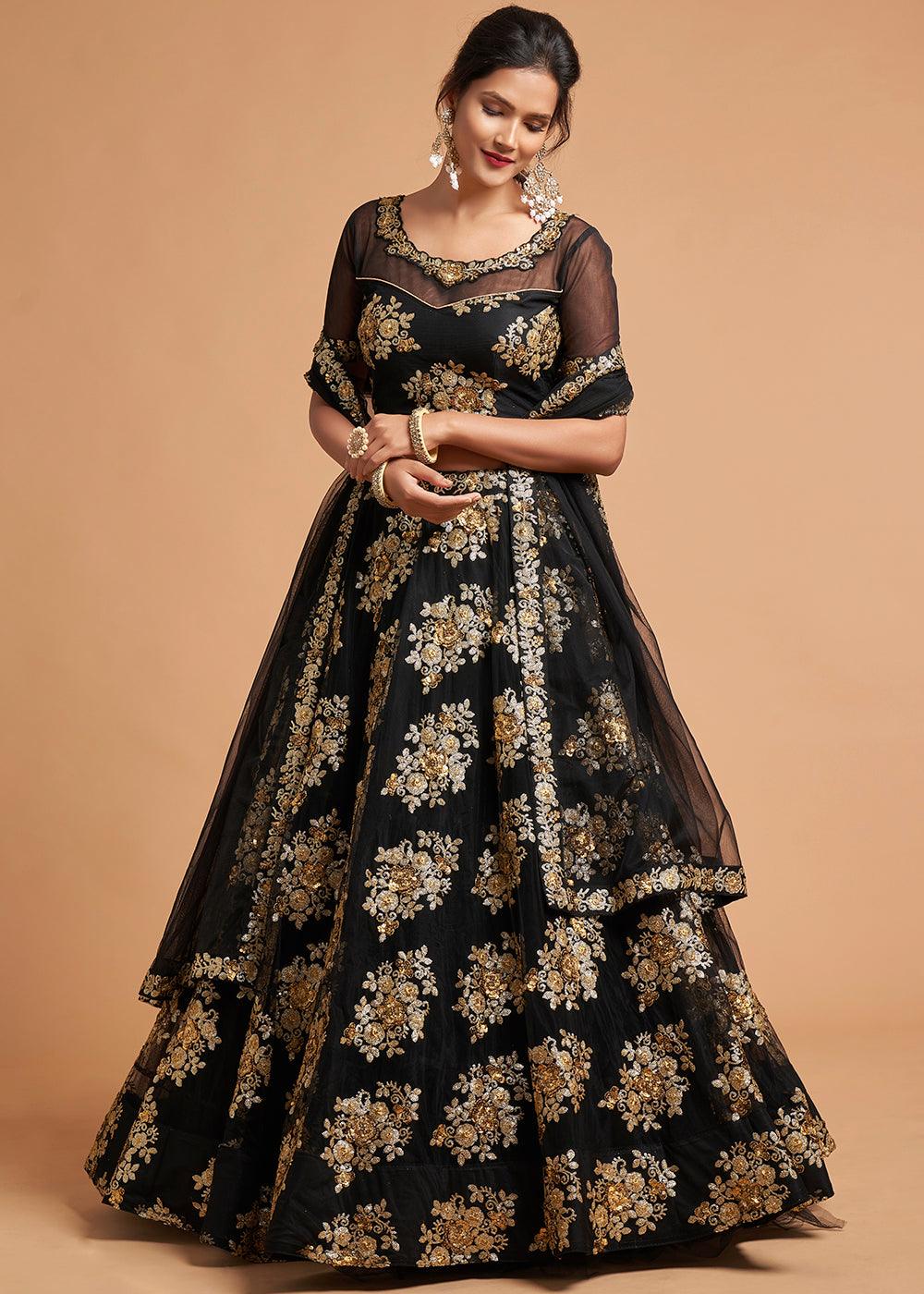 Onyx Black Designer Soft Net Lehenga Choli with Zari & Sequins work - qivii