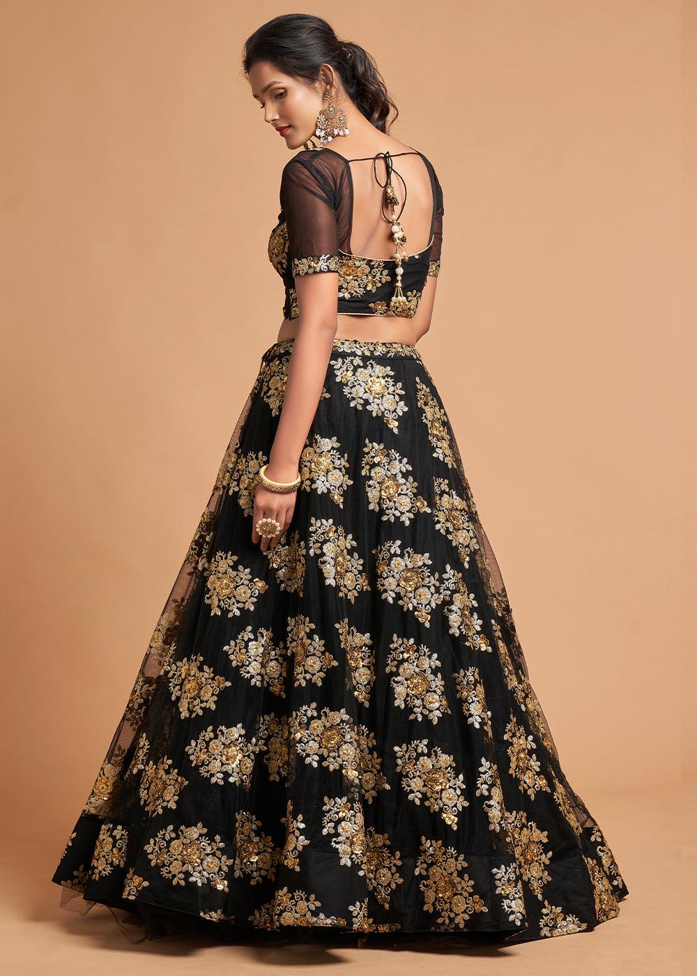 Onyx Black Designer Soft Net Lehenga Choli with Zari & Sequins work - qivii