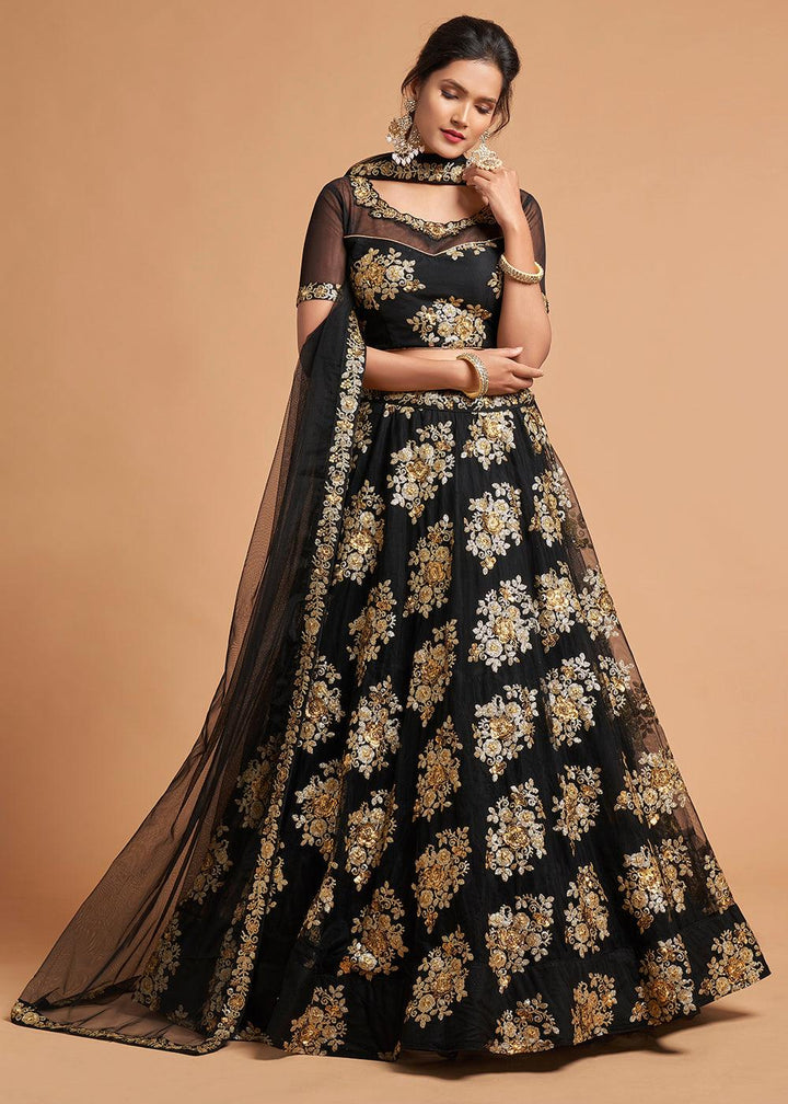 Onyx Black Designer Soft Net Lehenga Choli with Zari & Sequins work - qivii