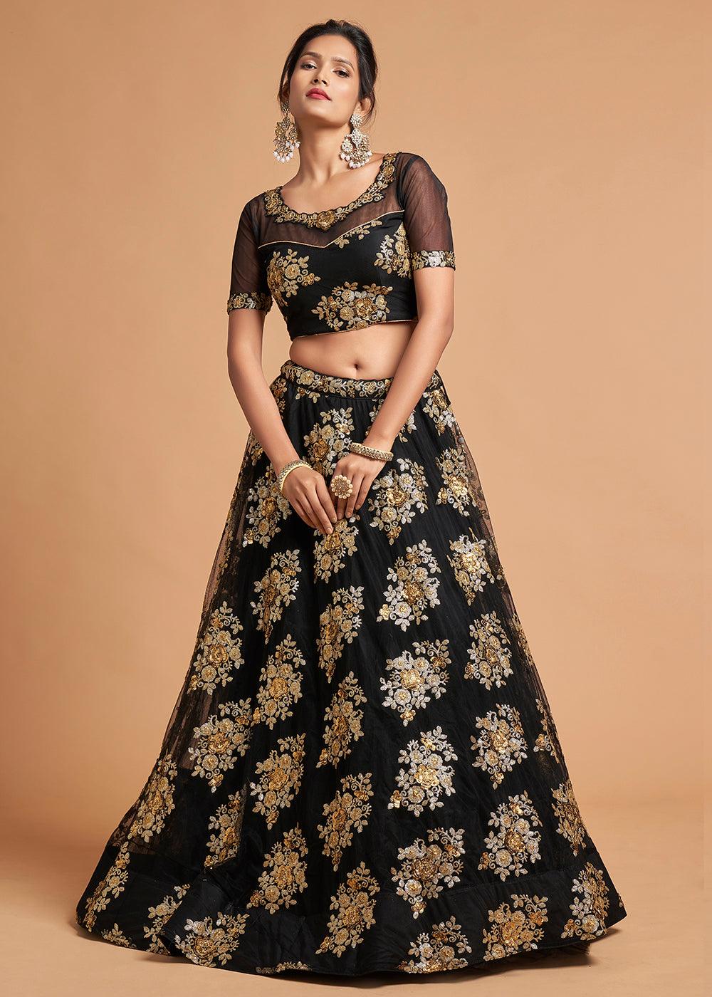 Onyx Black Designer Soft Net Lehenga Choli with Zari & Sequins work - qivii