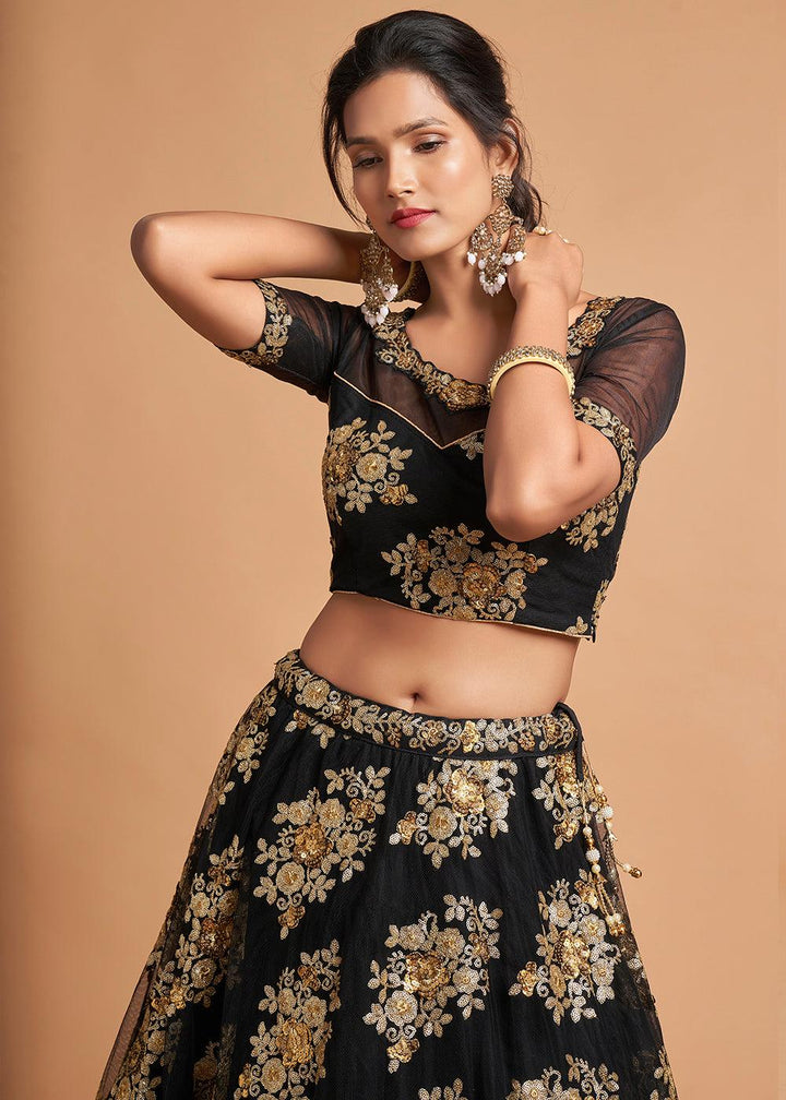 Onyx Black Designer Soft Net Lehenga Choli with Zari & Sequins work - qivii