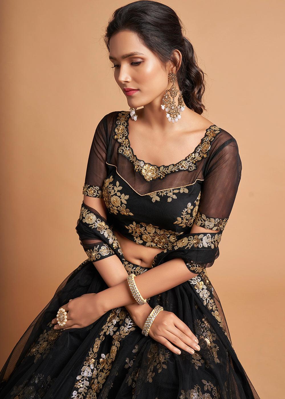 Onyx Black Designer Soft Net Lehenga Choli with Zari & Sequins work - qivii