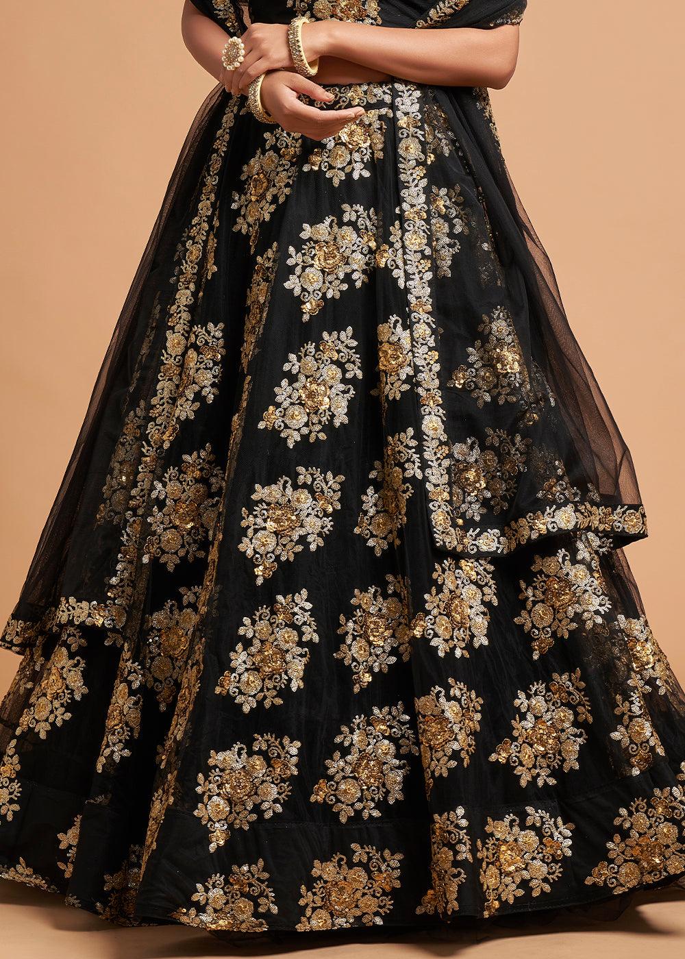 Onyx Black Designer Soft Net Lehenga Choli with Zari & Sequins work - qivii