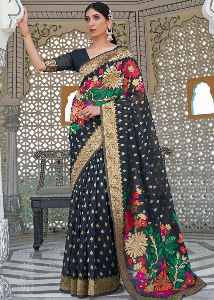 Onyx Black Floral Embroidered Linen Silk Saree | Stitched Blouse - qivii