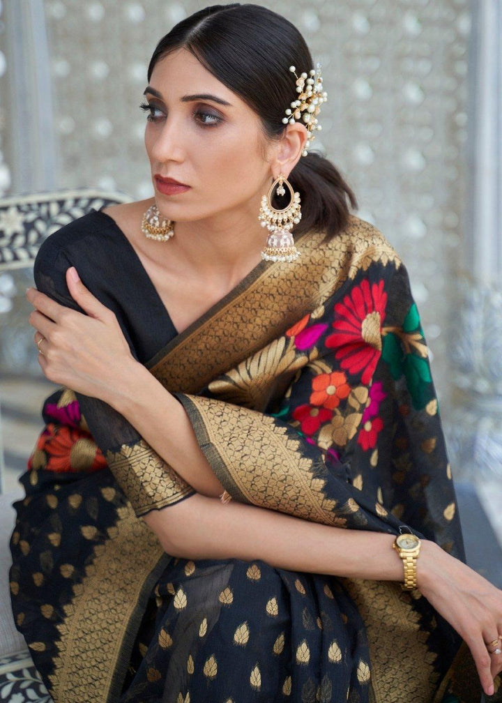 Onyx Black Floral Embroidered Linen Silk Saree | Stitched Blouse - qivii