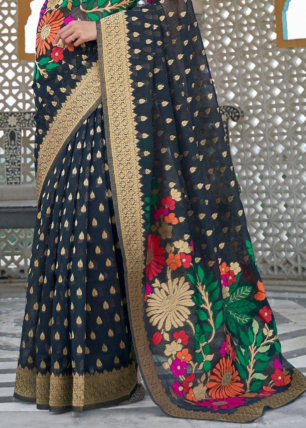 Onyx Black Floral Embroidered Linen Silk Saree | Stitched Blouse - qivii